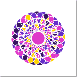 Repeated elements in round geometric ornament in random bright neon colors Posters and Art